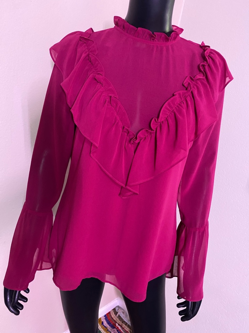 Wayf Vibrant Fuchsia Ruffle Sheer Sleeve Top